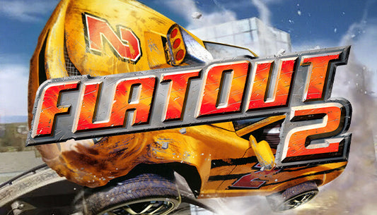 Action-packed cover art for FlatOut 2 featuring a high-speed car crash and demolition derby chaos.