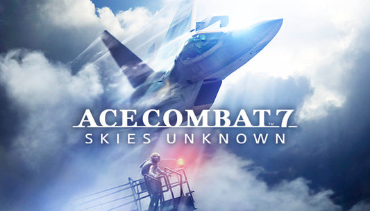 Official cover art for the flight action game ACE COMBAT 7: SKIES UNKNOWN showing a fighter jet soaring through the clouds.