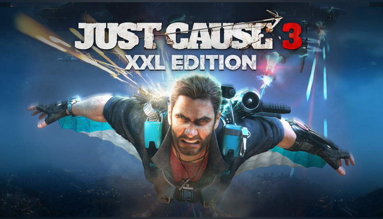 Cover art for the action game Just Cause 3 XXL Edition showing Rico Rodriguez gliding in a wingsuit amid explosions.