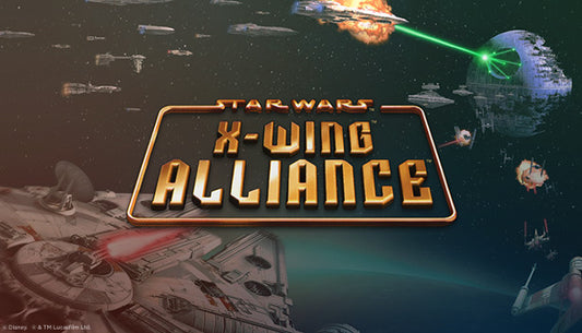 Official cover art for the space combat simulation game STAR WARS: X-Wing Alliance featuring a fleet of rebel starfighters.