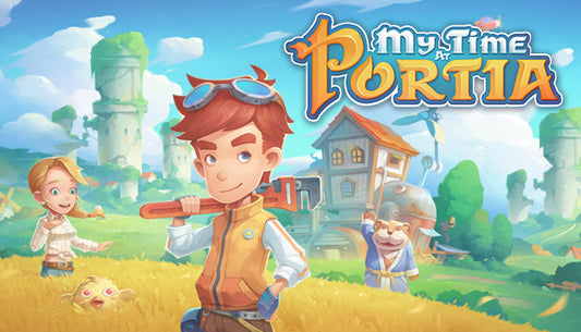Official cover art for My Time at Portia featuring a character standing in a vibrant, colorful pastoral landscape.