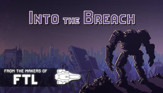 Official cover art for the strategy game Into the Breach featuring a giant mech standing in a flooded city environment.