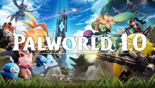 Cover art for the open-world survival crafting game Palworld on PC Steam featuring colorful creatures called Pals.
