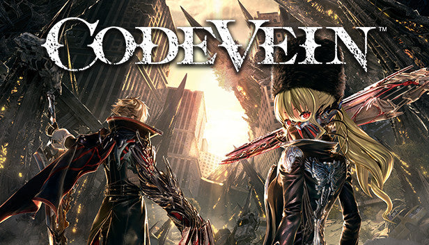 Official cover art for CODE VEIN featuring two anime-style characters armed with a rifle and giant sword in a ruined city.