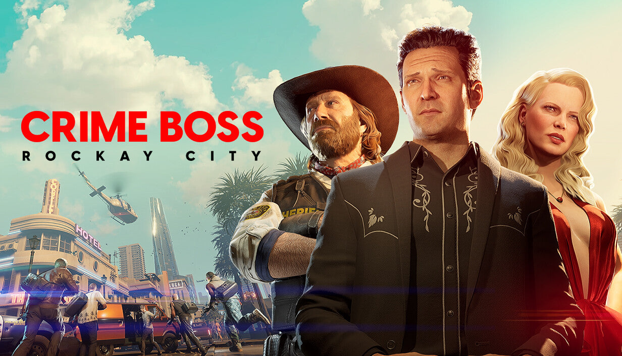 Official cover art for the action game Crime Boss: Rockay City featuring characters in a 1990s heist setting.