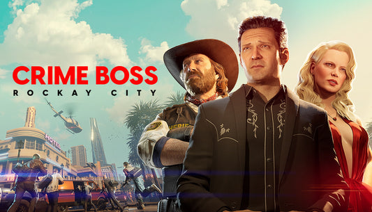Official cover art for the action game Crime Boss: Rockay City featuring characters in a 1990s heist setting.