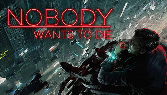Official cover art for the noir detective game Nobody Wants to Die featuring a futuristic city skyline in a sci-fi setting.