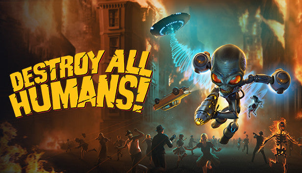Official cover art for the action-adventure game Destroy All Humans! featuring the alien Crypto against a sci-fi backdrop.