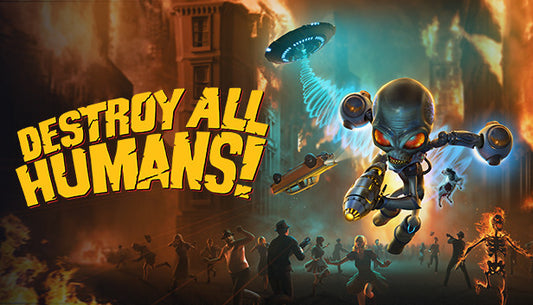 Official cover art for the action-adventure game Destroy All Humans! featuring the alien Crypto against a sci-fi backdrop.