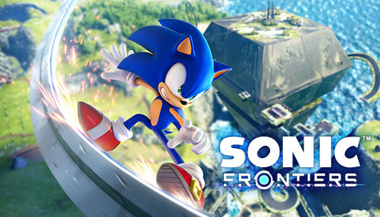 Official cover art for Sonic Frontiers featuring Sonic the Hedgehog overlooking a vast, mysterious open-world landscape.
