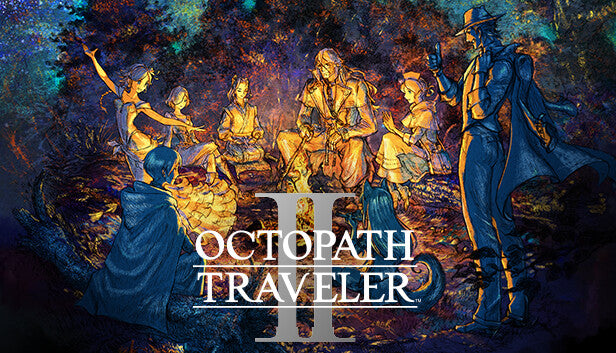 Official cover art for the JRPG Octopath Traveler II featuring eight protagonists standing together in a stylized 2.5D art style.