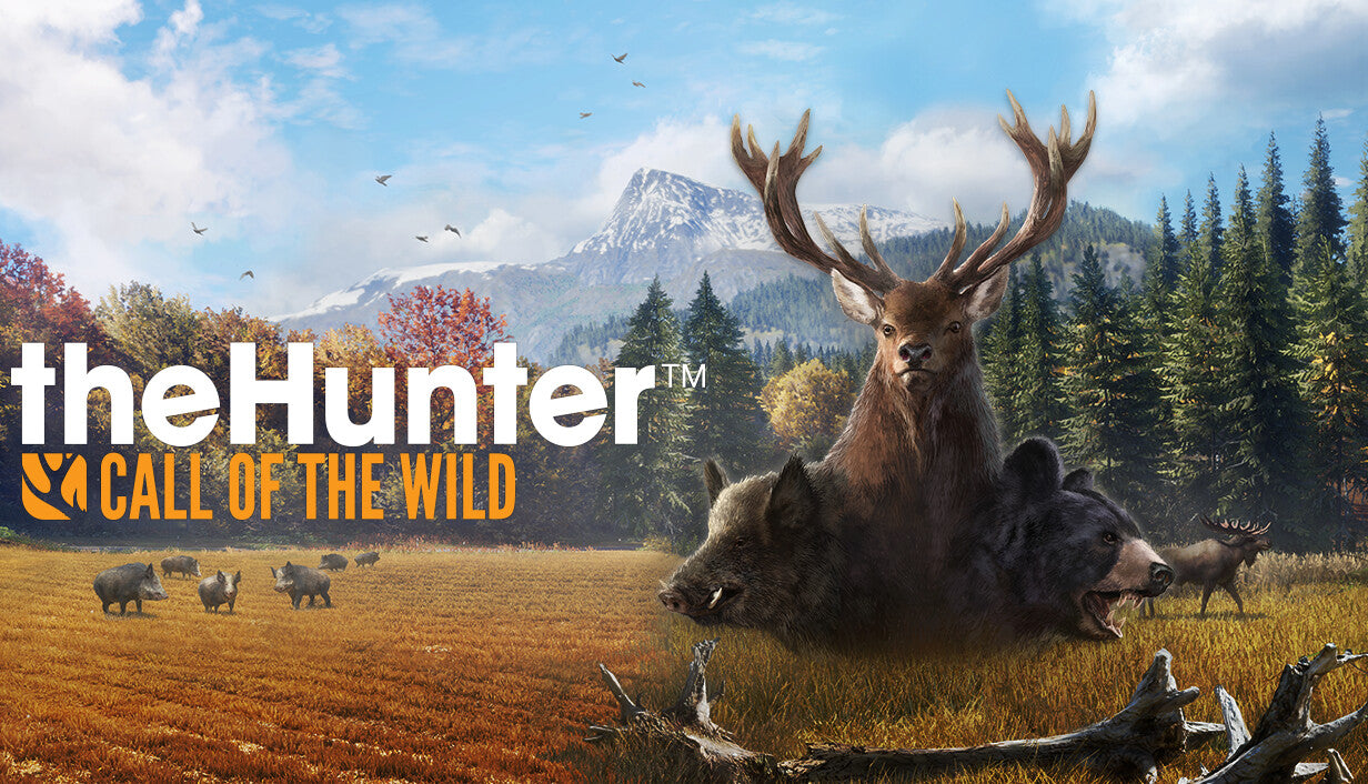Official cover art for theHunter: Call of the Wild showing a hunter standing in a vast, foggy coniferous forest.