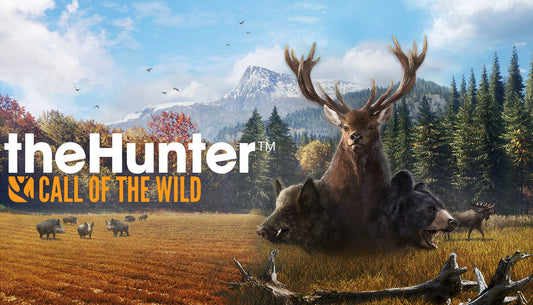 Official cover art for theHunter: Call of the Wild showing a hunter standing in a vast, foggy coniferous forest.