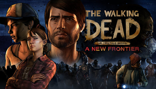 Official cover art for The Walking Dead: A New Frontier featuring Clementine and Javier against a post-apocalyptic backdrop.