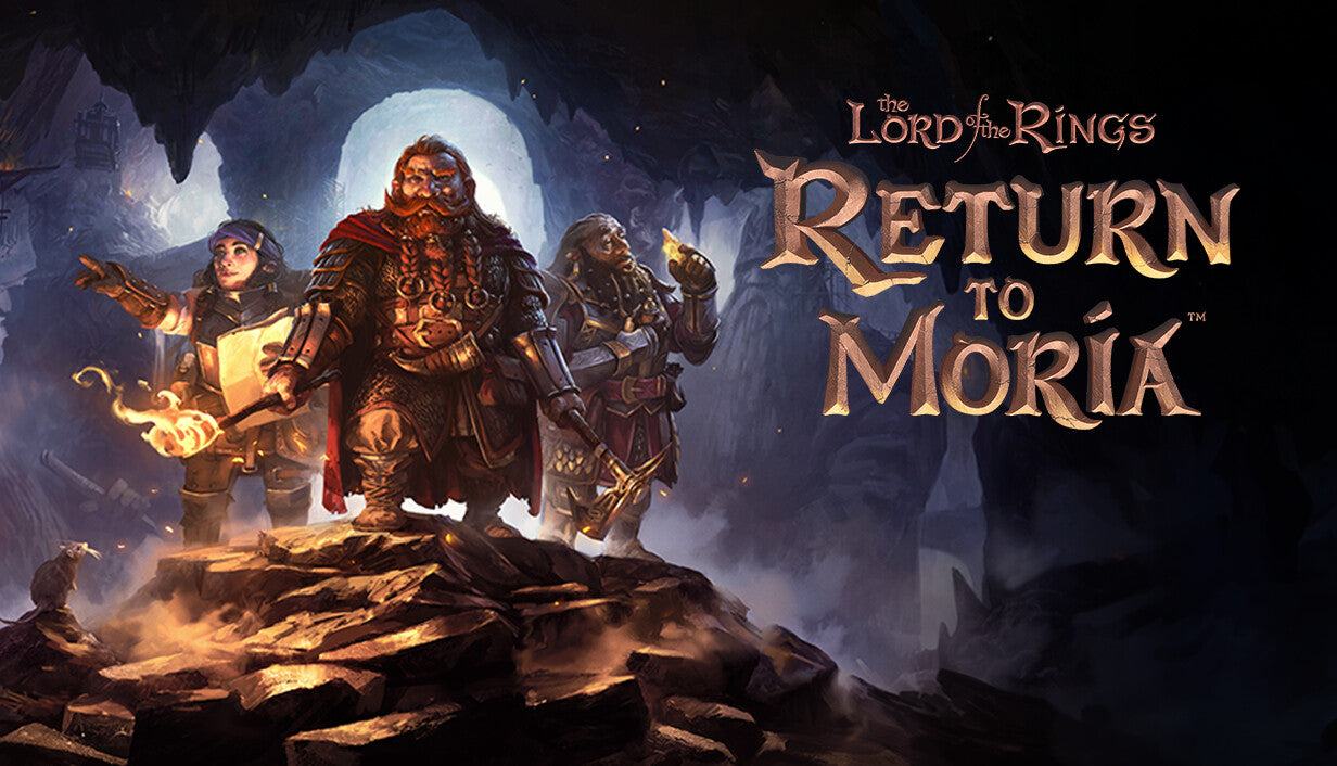 Official cover art for The Lord of the Rings: Return to Moria featuring Dwarven explorers in a dark cavern.