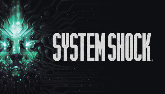 Official cover art for the sci-fi immersive sim System Shock featuring a green cybernetic face on a dark background.