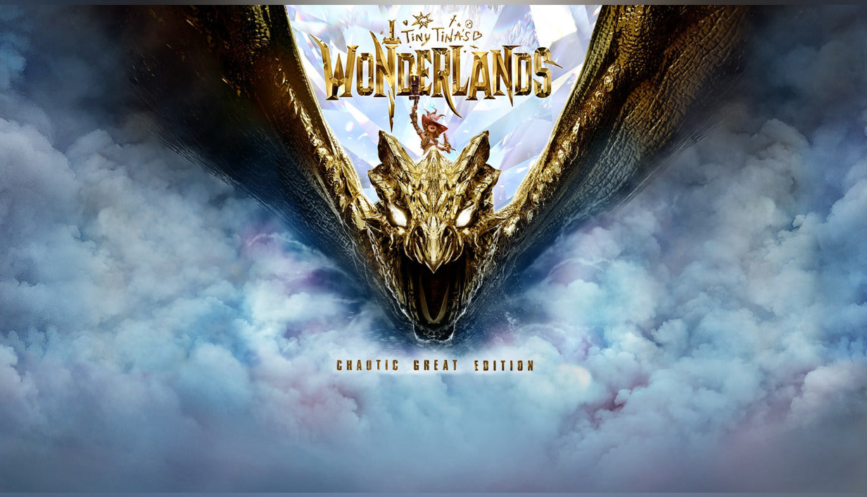 Cover art for Tiny Tina's Wonderlands Chaotic Great Edition, displaying a massive, intricately detailed golden dragon head emerging from a sea of clouds with Tiny Tina riding on top.