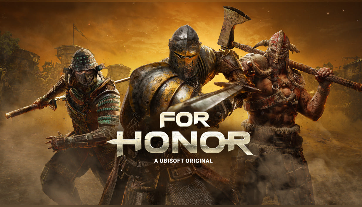 Cover art for the multiplayer action game FOR HONOR featuring a samurai, a knight, and a viking warrior.