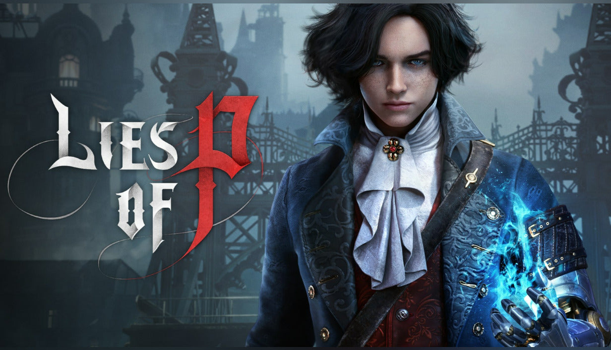 Official cover art for the souls-like action RPG Lies of P featuring a dark, atmospheric steampunk aesthetic.