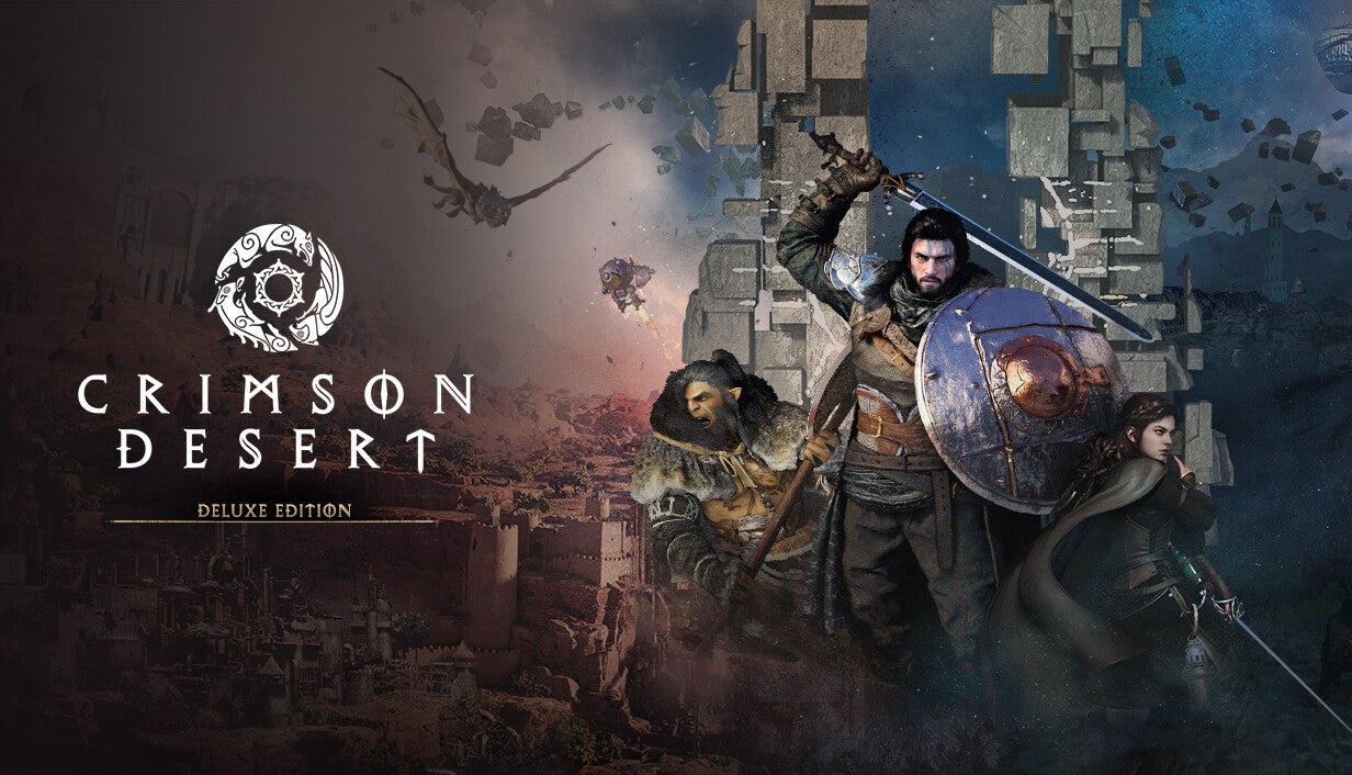 Cover art for Crimson Desert Deluxe Edition featuring a diverse group of fantasy mercenaries holding weapons and shields.