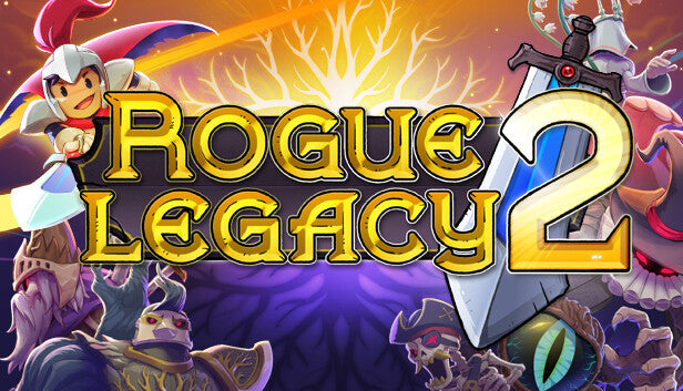 Official cover art for Rogue Legacy 2 featuring a heroic knight standing before a sprawling, magical castle.