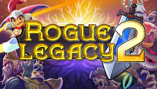Official cover art for Rogue Legacy 2 featuring a heroic knight standing before a sprawling, magical castle.