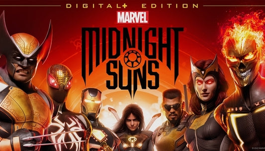 Official key art for Marvel's Midnight Suns Digital+ Edition PC Steam game featuring tactical RPG superheroes.