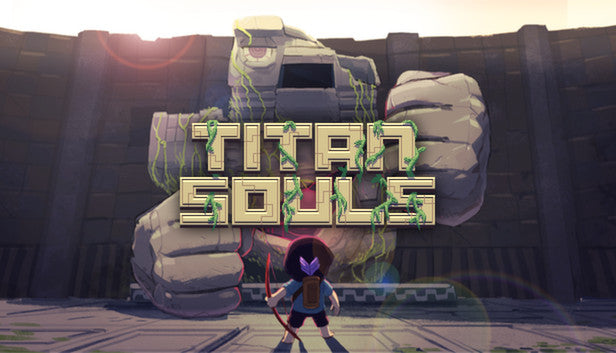 Cover art for the indie game Titan Souls showing a small archer preparing to fight a massive stone titan.