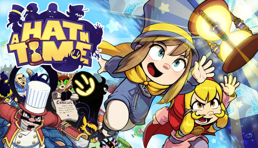 Official cover art for the 3D platformer game A Hat in Time featuring a girl in a top hat with an umbrella.