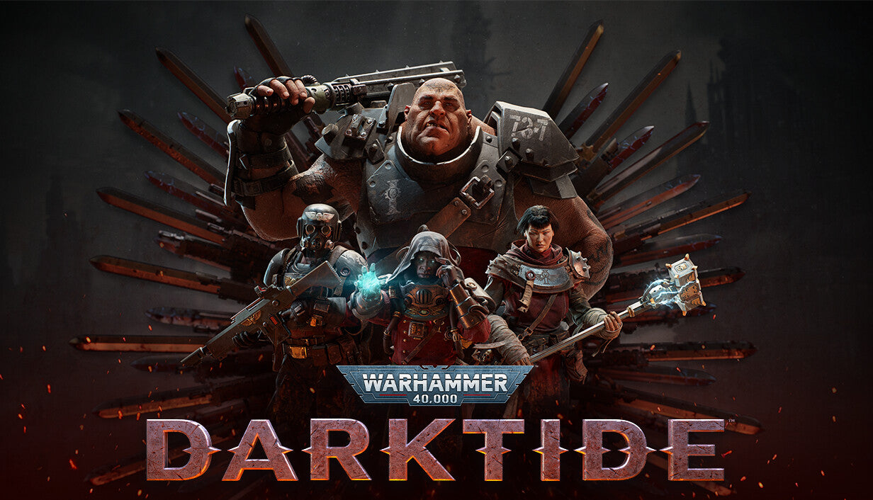 Official cover art for Warhammer 40,000: Darktide featuring four armed warriors facing a dark, smoky battlefield.