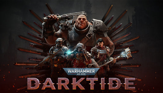 Official cover art for Warhammer 40,000: Darktide featuring four armed warriors facing a dark, smoky battlefield.