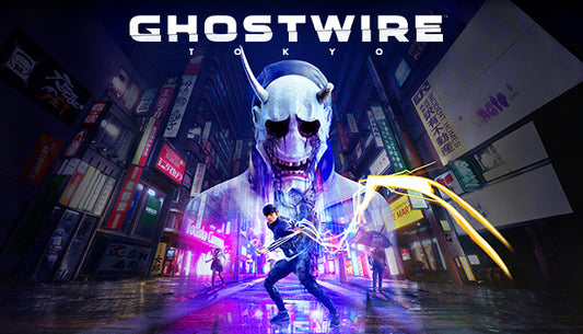 Ghostwire: Tokyo official cover art featuring a character using supernatural powers against a rainy Tokyo backdrop.