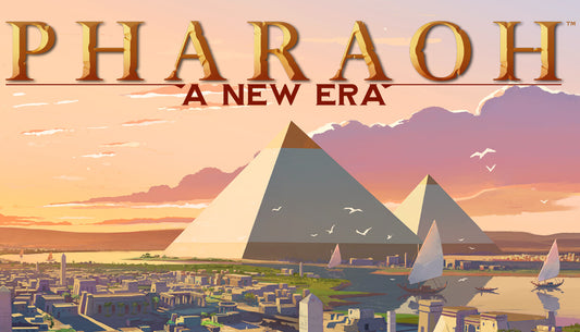 Official cover art for Pharaoh: A New Era featuring ancient Egyptian architecture and figures in a vibrant isometric style.