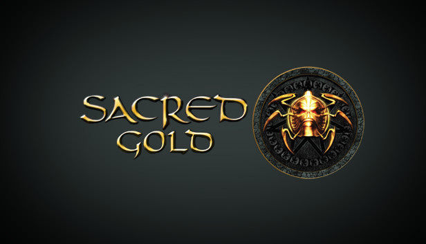 Official cover art for the action RPG Sacred Gold featuring a character in armor against a dark, atmospheric background.