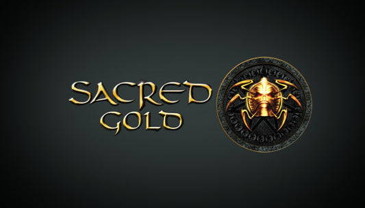 Official cover art for the action RPG Sacred Gold featuring a character in armor against a dark, atmospheric background.