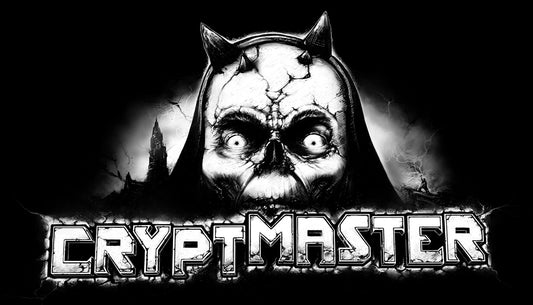 Official cover art for the dungeon crawler Cryptmaster featuring a dark, stylized monochrome illustration.
