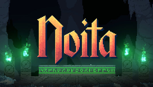 Official cover art for the action roguelike game Noita featuring a pixelated character in a dark, magical environment.