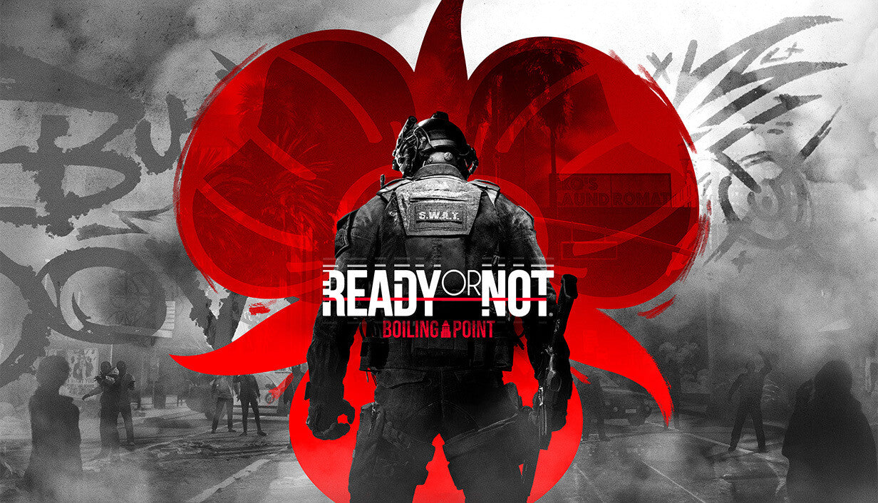Official cover art for Ready or Not: Boiling Point featuring a SWAT officer in tactical gear amidst a fiery, chaotic scene.