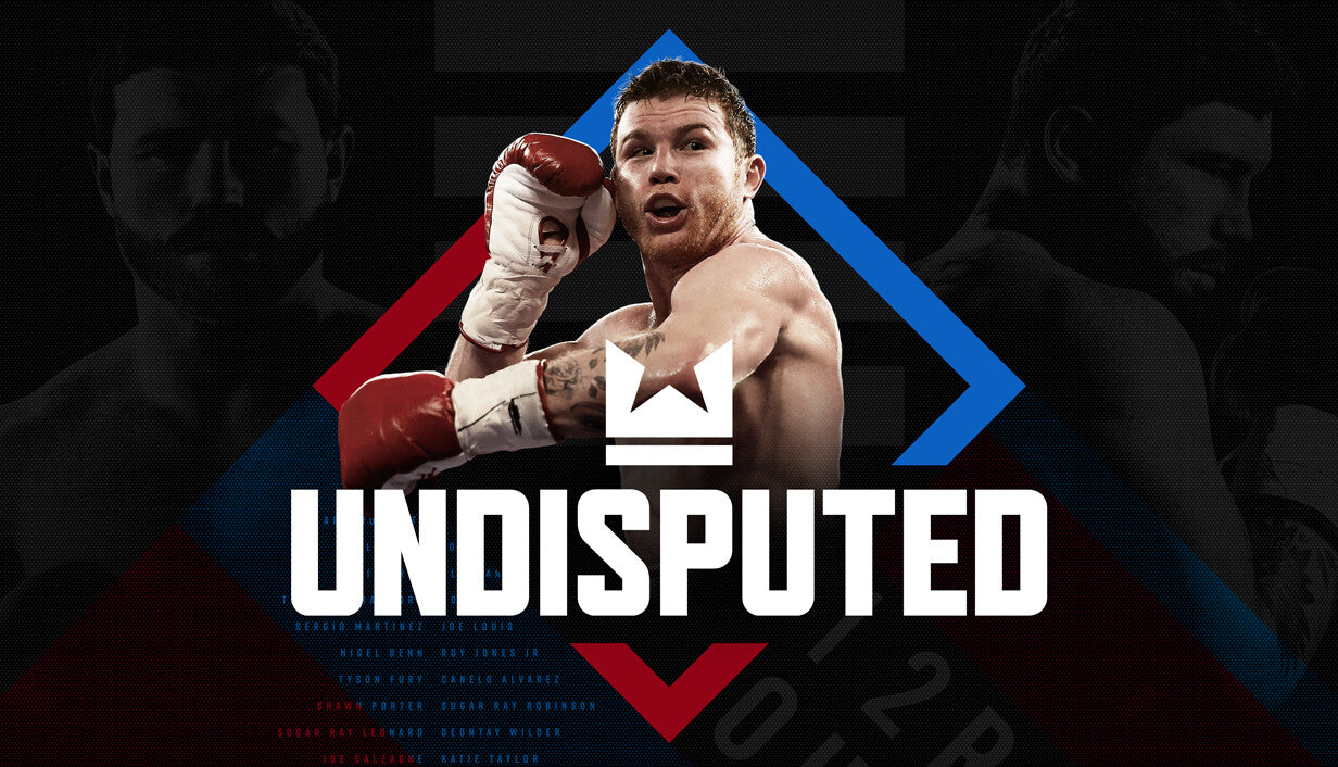 Cover art for Undisputed, featuring professional boxer Canelo Álvarez in a fighting stance with his red and white gloves raised, set inside a bold blue and red diamond logo with names of other famous boxers listed below.