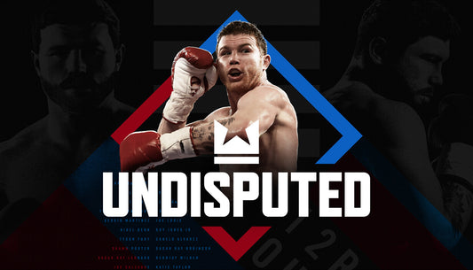 Cover art for Undisputed, featuring professional boxer Canelo Álvarez in a fighting stance with his red and white gloves raised, set inside a bold blue and red diamond logo with names of other famous boxers listed below.