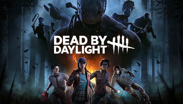 Official cover art for Dead by Daylight featuring the iconic Trapper mask with a dark, atmospheric horror aesthetic.