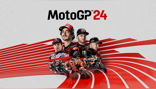 Official cover art for the racing game MotoGP24 featuring a professional motorcycle racer in a high-speed lean on a track.