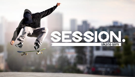 Official cover art for the skateboarding simulation game Session: Skate Sim featuring a skater performing a trick.