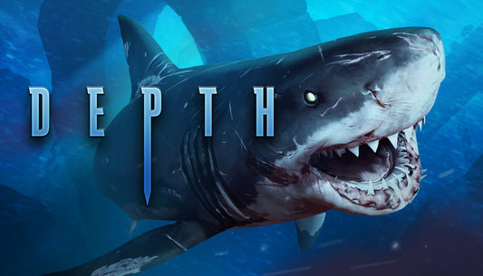 Official cover art for the underwater action game Depth featuring a shark and a diver in a dark ocean setting.