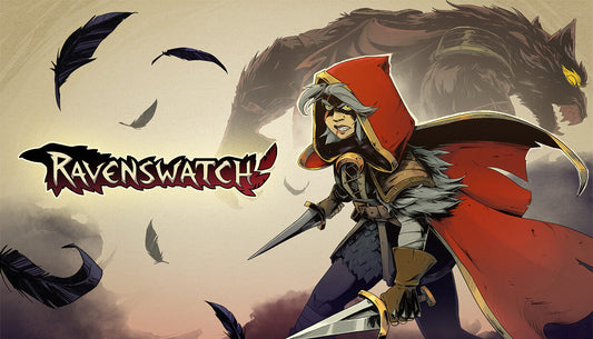 Official cover art for the action roguelite game Ravenswatch featuring stylized fantasy characters in a dark setting.