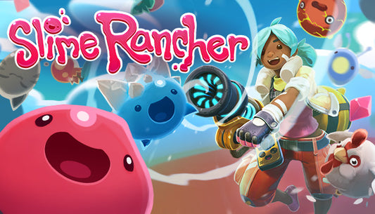 Official cover art for Slime Rancher featuring a smiling pink slime in a colorful, vibrant landscape.