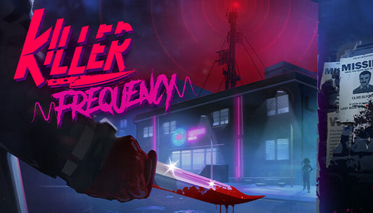 Official cover art for the horror comedy game Killer Frequency featuring a radio station setting and neon accents.