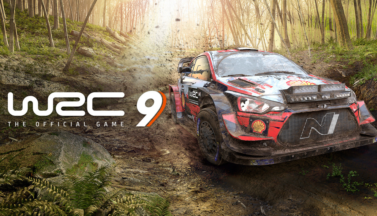 Official cover art for the rally racing game WRC 9 FIA World Rally Championship featuring a rally car driving off-road.