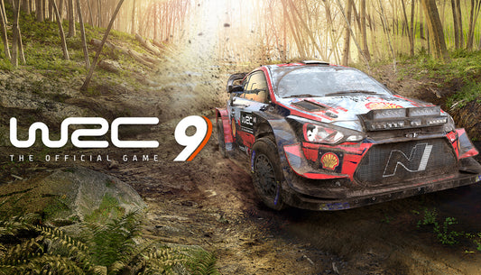Official cover art for the rally racing game WRC 9 FIA World Rally Championship featuring a rally car driving off-road.