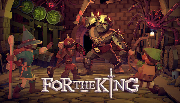 Official cover art for the strategy RPG For The King featuring low-poly adventurers in a vibrant fantasy landscape.